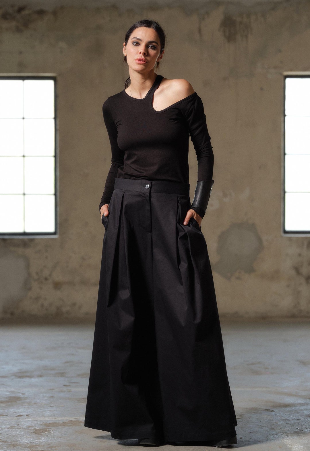 Women’s Black Khadi Palazzo Pants – High Waist Wide-Leg Trousers | Handwoven Cotton main image 1