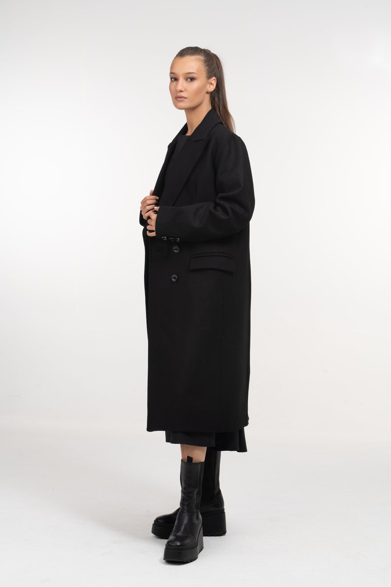 Long Black Double Breasted Wool Coat for Women, Oversized Winter Coat Womens, Winter Wool Cashmere Trench for Women