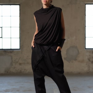 Black avant garde cotton drop crotch pants with asymmetrical buttons, Drop crotch pants women, Urban baggy trousers, Plus sizes available image 2