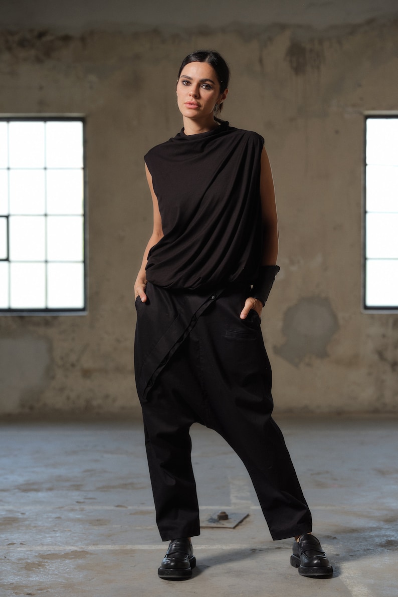 Black avant garde cotton drop crotch pants with asymmetrical buttons, Drop crotch pants women, Urban baggy trousers, Plus sizes available image 2