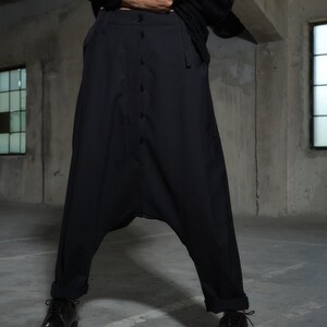 Avant garde merino wool drop crotch pants with asymmetrical details, Black harem pants women's, Baggy winter pants, Plus sizes available