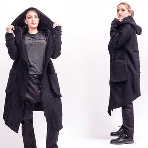 Black hooded trench coat cyberpunk clothing, long cosplay gothic hoodie oversized cardigan women, fantasy steampunk coat, cape with hood
