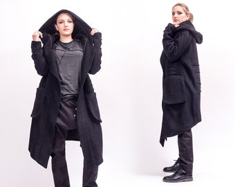 Black hooded trench coat cyberpunk clothing, long cosplay gothic hoodie oversized cardigan women, fantasy steampunk coat, cape with hood