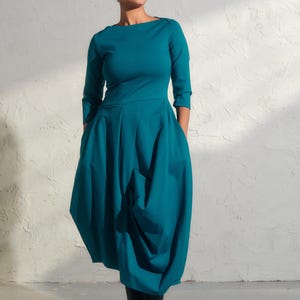Asymmetrical viscose dress in turquoise color, Avant garde dress with pockets, Extravagant long formal dress, Plus sizes available