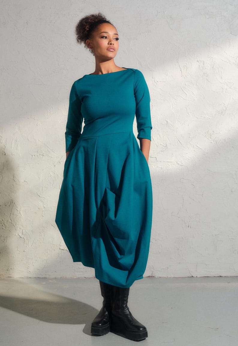 Asymmetrical viscose dress in turquoise color, Avant garde dress with pockets, Extravagant long formal dress, Plus sizes available