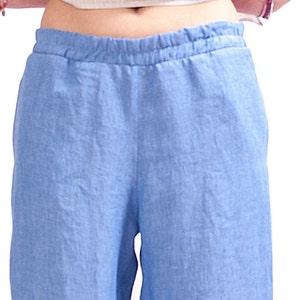 Light blue linen elastic waist pants women, Organic clothing Wide leg pants women, Linen clothing for women image 8