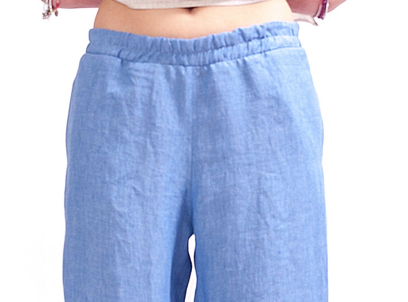 Light blue linen elastic waist pants women, Organic clothing Wide leg pants women, Linen clothing for women image 8