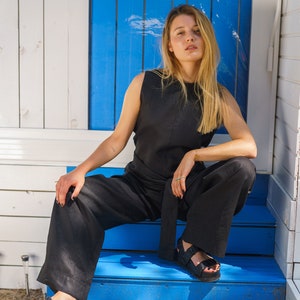 Black oversized linen jumpsuit women,  Loose overalls, Extravagant wide leg jumpsuit, Black linen overalls, Linen clothing