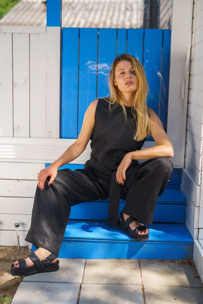 Black oversized linen jumpsuit women,  Loose overalls, Extravagant wide leg jumpsuit, Black linen overalls, Linen clothing