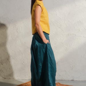Summer linen top in mustard color, Avant garde clothing, Organic sleeveless linen blouse, Womens boho linen top, Plus sizes available
