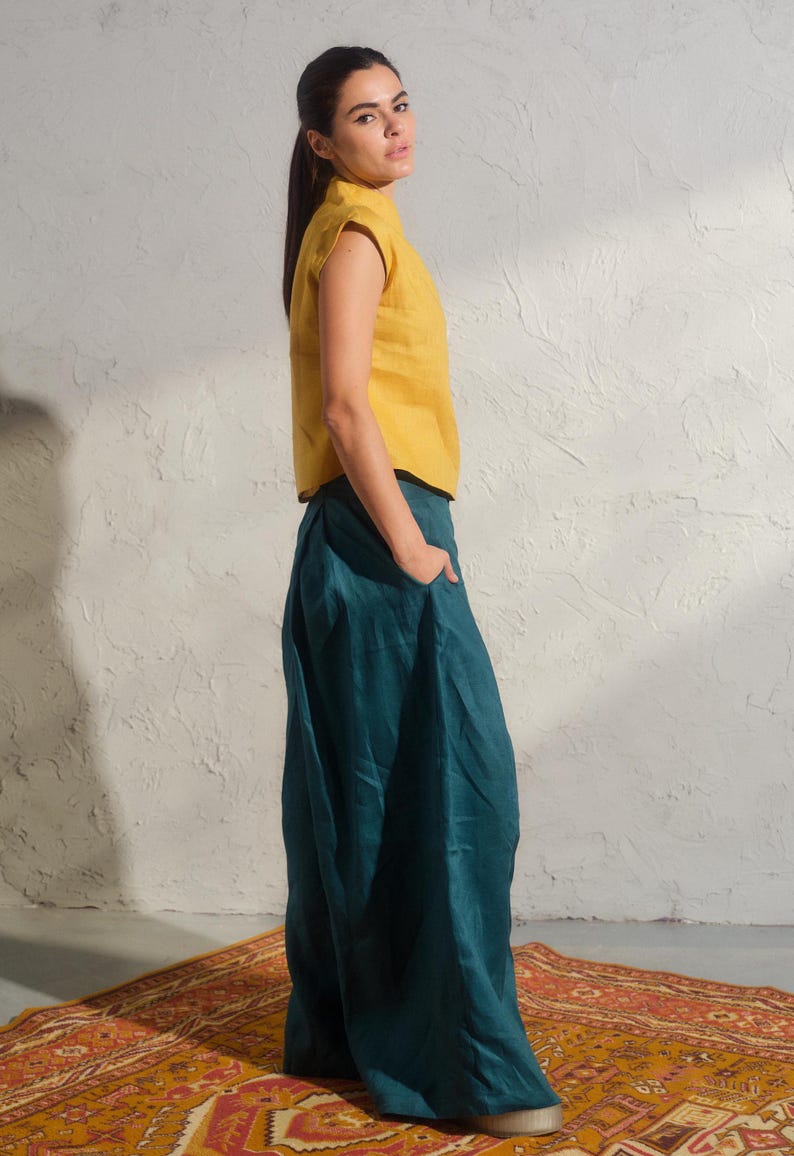 Summer linen top in mustard color, Avant garde clothing, Organic sleeveless linen blouse, Womens boho linen top, Plus sizes available