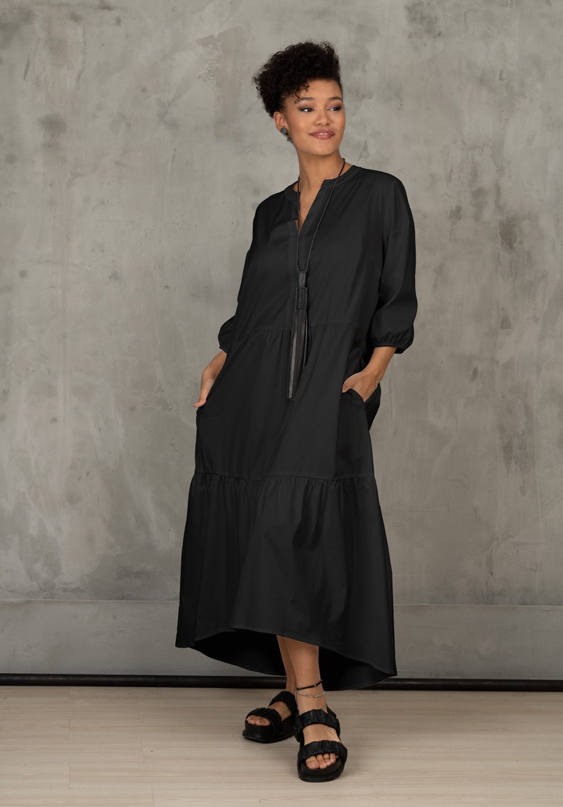 Oversized shirt dress, Black cotton maxi dress plus size clothing, Maternity clothing, Organic pregnancy dress, Long sleeved fall dress