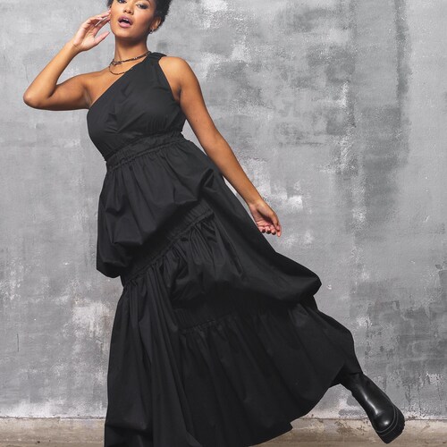 Avant garde Black dress party dress, Black prom dress, boho dress, One shoulder cocktail dress, Japanese goth dress, Steampunk dress