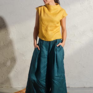 Summer linen top in mustard color, Avant garde clothing, Organic sleeveless linen blouse, Womens boho linen top, Plus sizes available