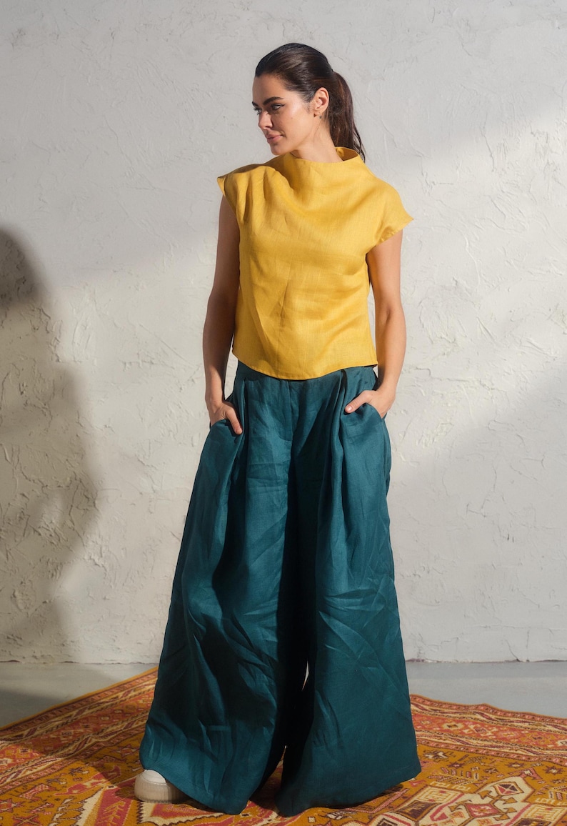 Summer linen top in mustard color, Avant garde clothing, Organic sleeveless linen blouse, Womens boho linen top, Plus sizes available