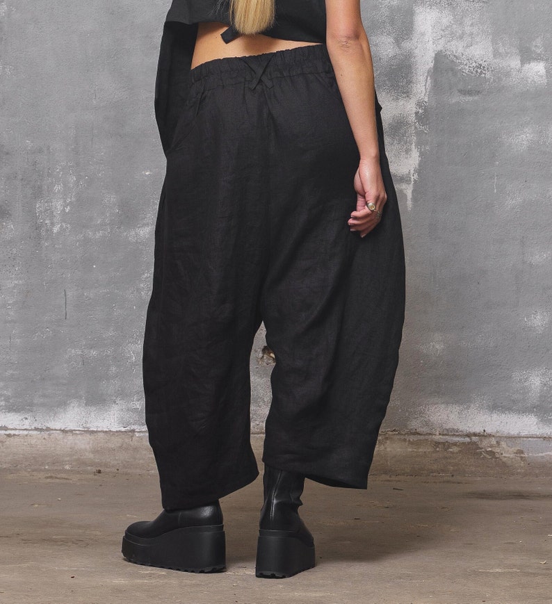 Linen pants black baggy pants women, drop crotch pants mid waist pants for women image 4