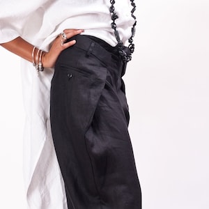 Black wide leg linen pants women, Palazzo pants women linen clothing, Womens wide trousers, Avant garde clothing image 7