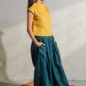 Summer linen top in mustard color, Avant garde clothing, Organic sleeveless linen blouse, Womens boho linen top, Plus sizes available