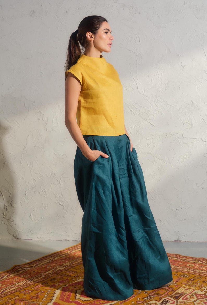 Summer linen top in mustard color, Avant garde clothing, Organic sleeveless linen blouse, Womens boho linen top, Plus sizes available