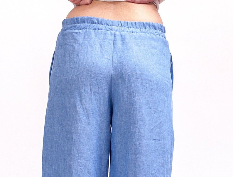 Light blue linen elastic waist pants women, Organic clothing Wide leg pants women, Linen clothing for women image 6