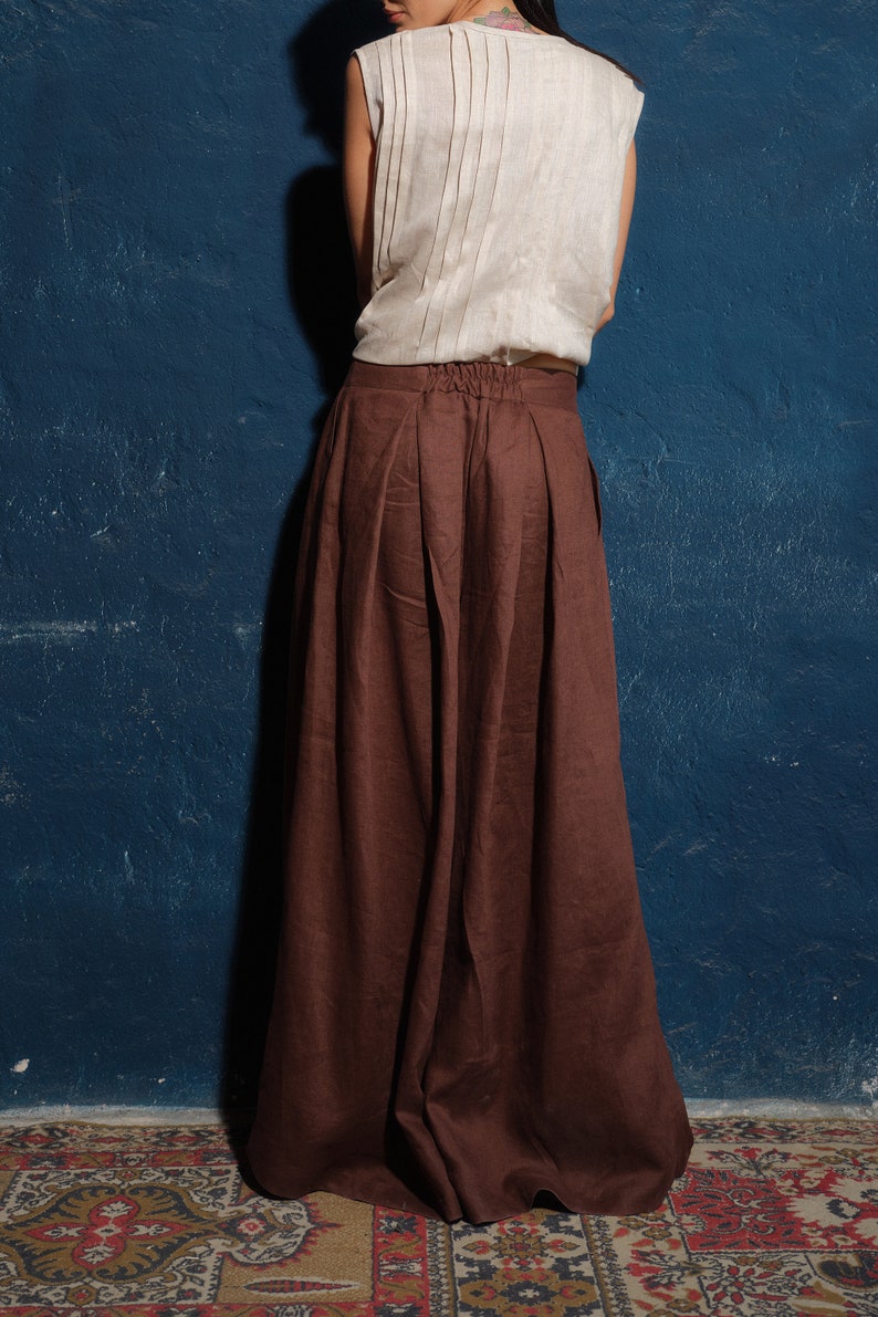 Linen skirt pants, Wide leg linen palazzo pants women linen clothing, Chocolate brown linen pants with pleats women,