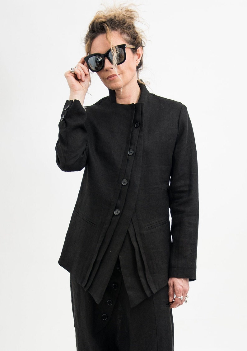 Black linen blazer women's, Black suit jacket women linen clothing for women, Black blazer women image 2