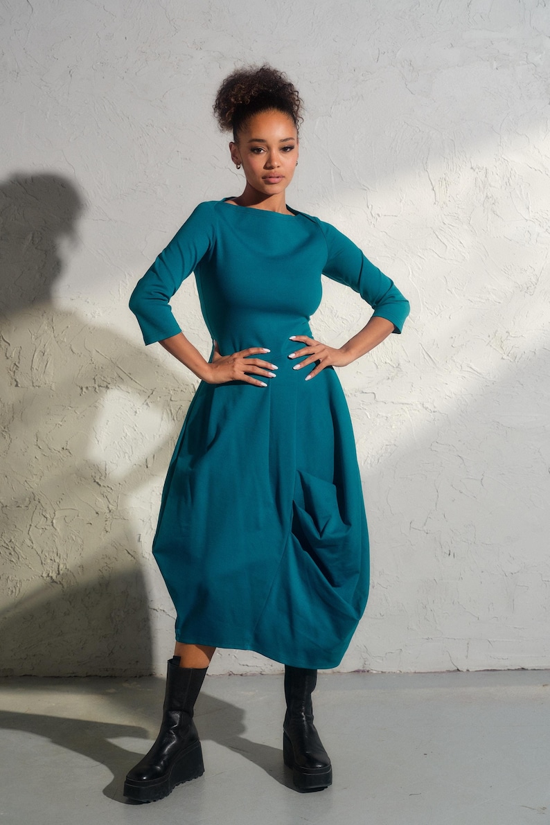 Asymmetrical viscose dress in turquoise color, Avant garde dress with pockets, Extravagant long formal dress, Plus sizes available