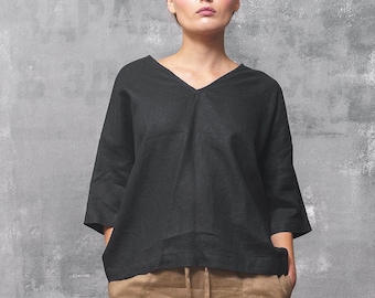 Black linen cropped front top linen clothing for women, Linen blouse women short sleeve, Womens linen top
