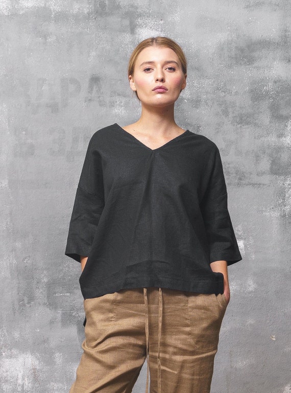 Black Linen Cropped Front Top Linen Clothing for Women Linen Blouse Women Short Sleeve Womens Linen Top Etsy UK
