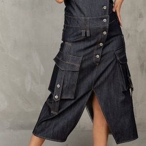 Denim cargojurk, asymmetrische spijkerjurk, utility-jurk cargozakkenjurk, gestructureerde denimjurk