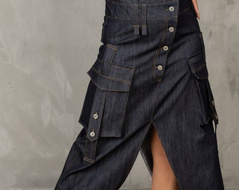 Asymmetrical Denim Cargo Dress: Utility Pockets, Structured Design