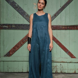 Linen jumpsuit women avant garde clothing, Petroleum blue summer overalls women drop crotch jumpsuit linen clothing harem jumpsuit plus size image 4