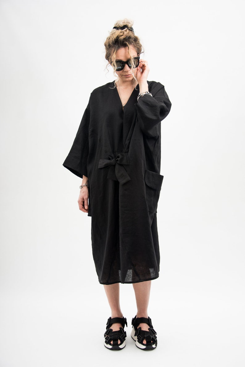 Black linen dress with ribbon, womens linen clothing maternity dress, Black linen kimono dress, Japanese inspired kimono with belt image 1