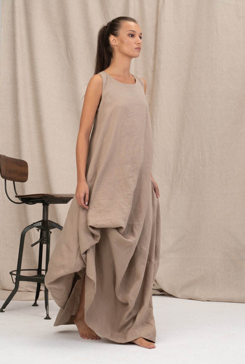 Petroleum blue summer linen maxi dress, Asymmetrical kaftan, Linen boho dress, Sustainable linen clothing, Slow fashion image 6