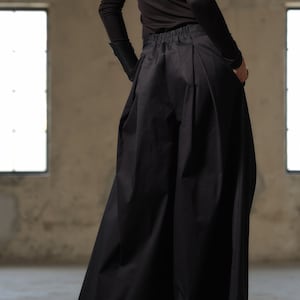 Black cotton skirt pants, Wide leg palazzo pants women organic clothing, Extravagant black pants with pleats women, Slow fashion