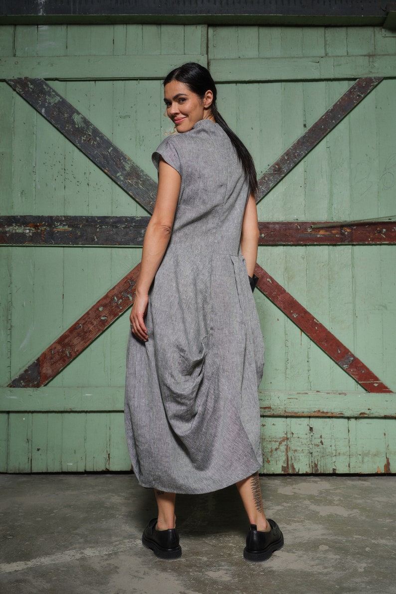 Gray melange summer linen midi dress, Asymmetrical kaftan, Linen boho dress, Balloon dress linen clothing, Long organic linen dress