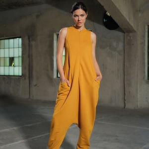 Asymmetrical set of two - cotton turtleneck top and drop crotch jumpsuit in mustard color, Organic women's plus size clothing avante garde