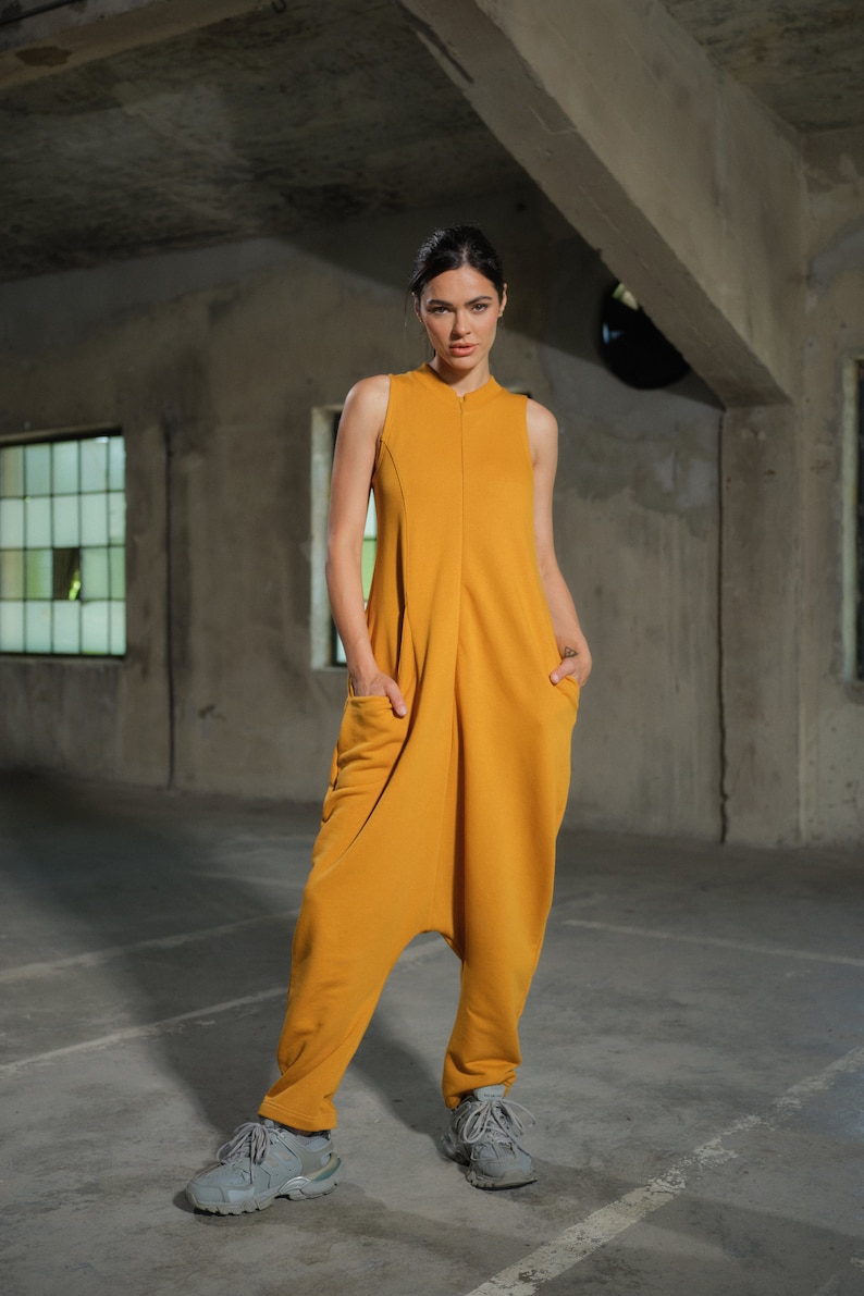 Asymmetrical set of two - cotton turtleneck top and drop crotch jumpsuit in mustard color, Organic women's plus size clothing avante garde