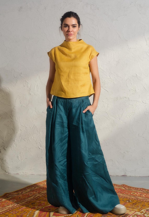 Summer linen top in mustard color, Avant garde clothing, Organic sleeveless linen blouse, Womens boho linen top, Plus sizes available