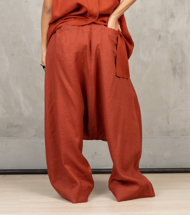 Extravagant Drop Crotch pants, Blue Linen Harem Pants, Linen Pants Women, Loose Harem Pants, Pants With Pockets image 6