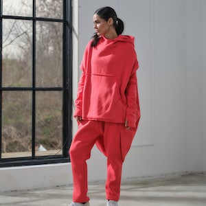 Handmade Quilted Cotton Loungewear Set, Asymmetrical Hoodie, Drop Crotch Pants