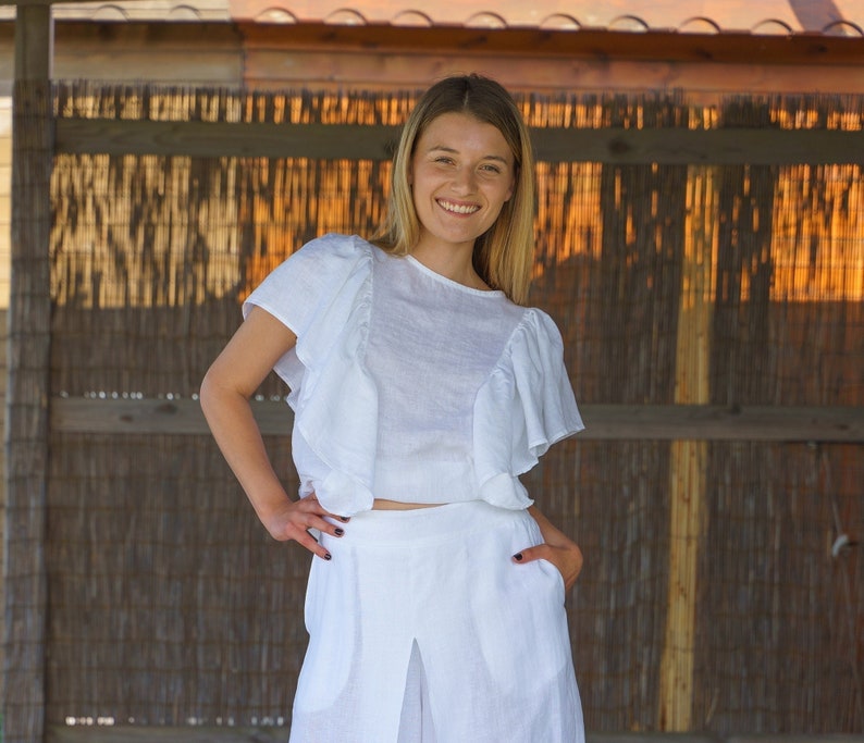 White boho linen blouse, Linen top women sleeveless linen clothing, Womens linen top, Summer shirt for women image 1