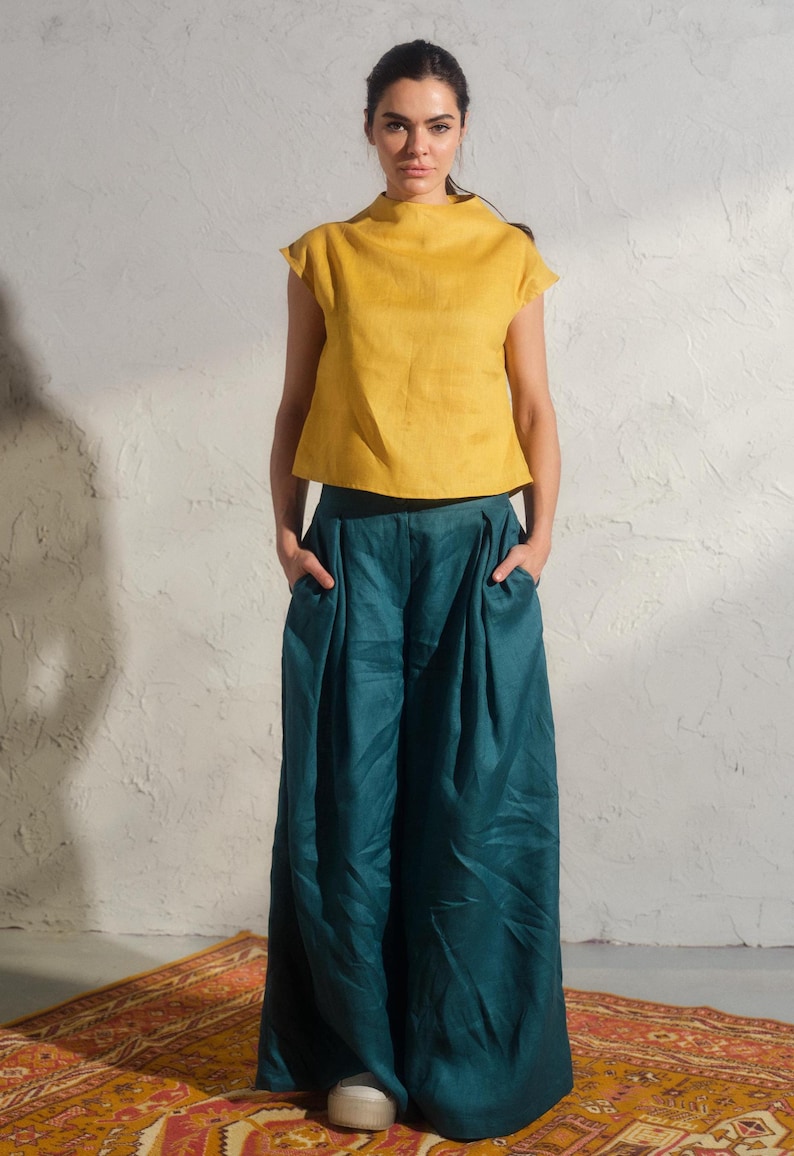 Summer linen top in mustard color, Avant garde clothing, Organic sleeveless linen blouse, Womens boho linen top, Plus sizes available