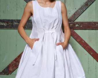 White Linen Midi Dress: Sleeveless Boho Kaftan, Plus Size Clothing