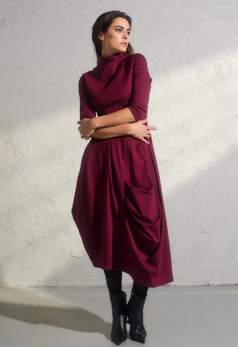 Asymmetric burgundy dress, Avant garde dress, Extravagant long viscose dress, Slow fashion, Capsule wardrobe, Sustainable clothes