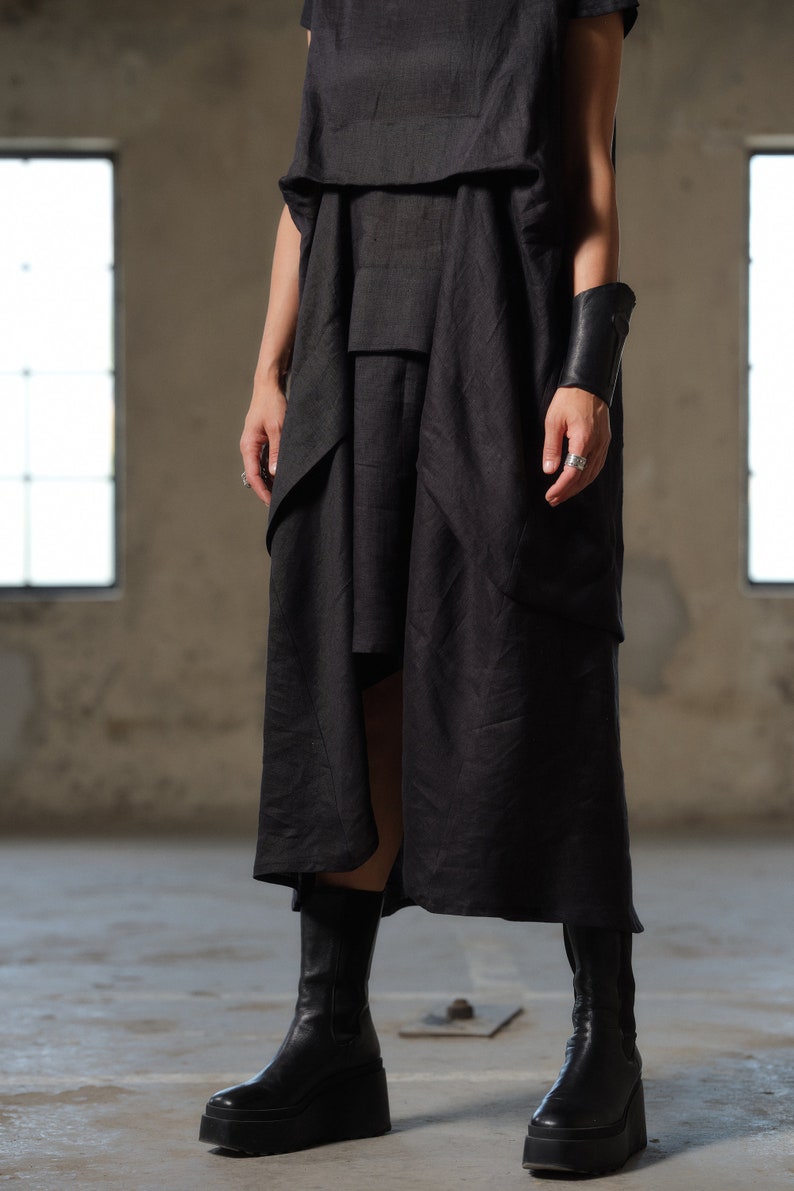 Black asymmetrical dress avant garde clothing women, Plus size midi linen dress womens, Capsule wardrobe, Linen clothing, Slow fashion