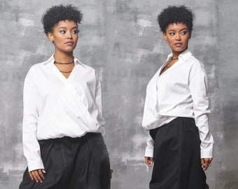 Asymmetrical White Cotton Blouse: Long Sleeve Womens Shirt
