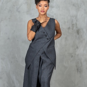 Graphite linen waistcoat women linen clothing, Linen vest women goth clothes