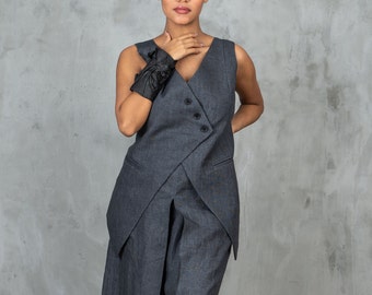 Graphite linen waistcoat women linen clothing, Linen vest women goth clothes