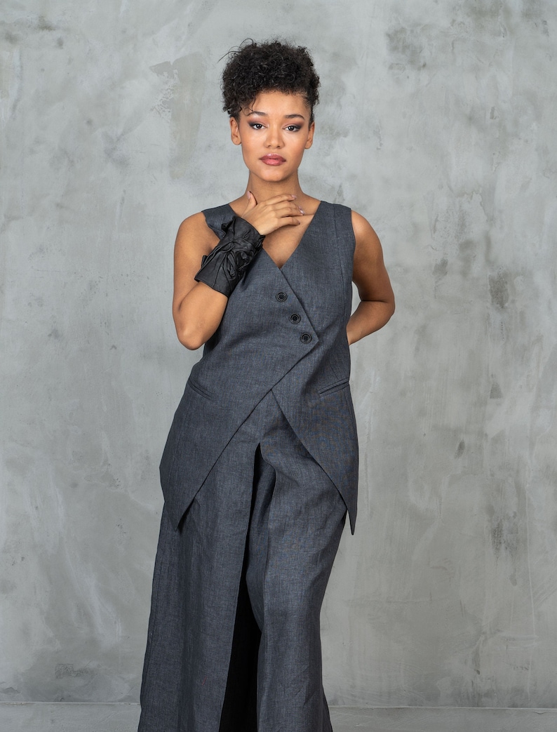 Gray linen waistcoat women linen clothing, Linen vest women goth clothes